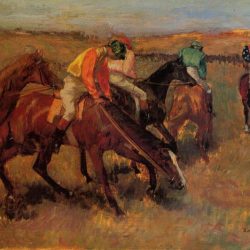 Race before degas edgar glass jockeys stained preparing horses warm colorful shows