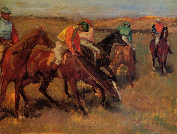 Race before degas edgar glass jockeys stained preparing horses warm colorful shows